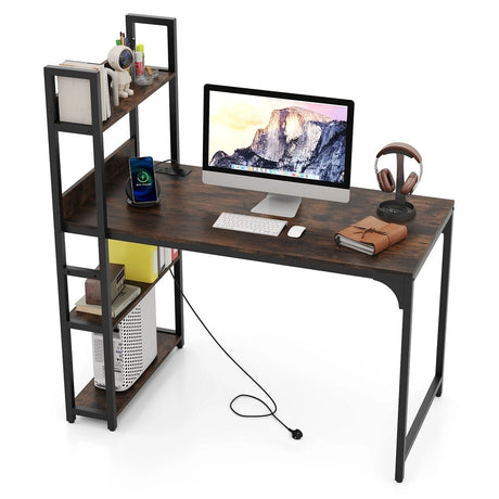 Computer Desk with Power Strip 120 CM Study Writing Desk with Bookshelf-Rustic Brown