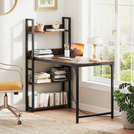 Computer Desk with Power Strip 120 CM Study Writing Desk with Bookshelf-Rustic Brown