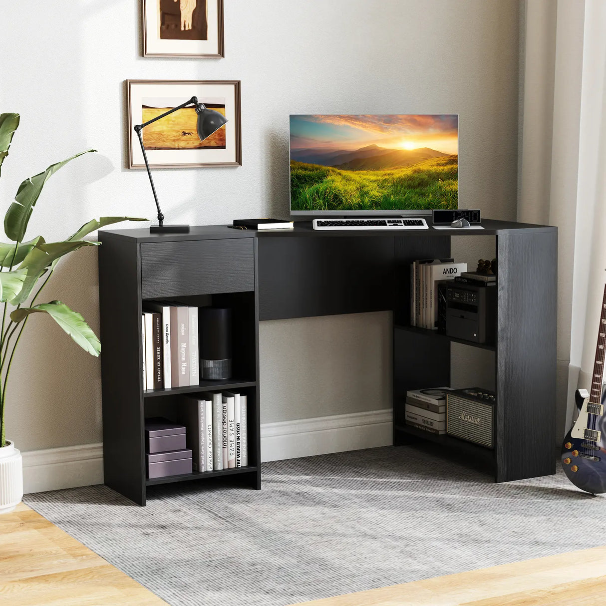 L-Shaped Computer Desk with Storage and Open Shelves for Living Room Bedroom-Black