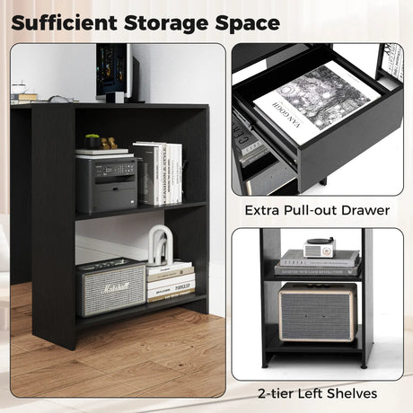 L-Shaped Computer Desk with Storage and Open Shelves for Living Room Bedroom-Black