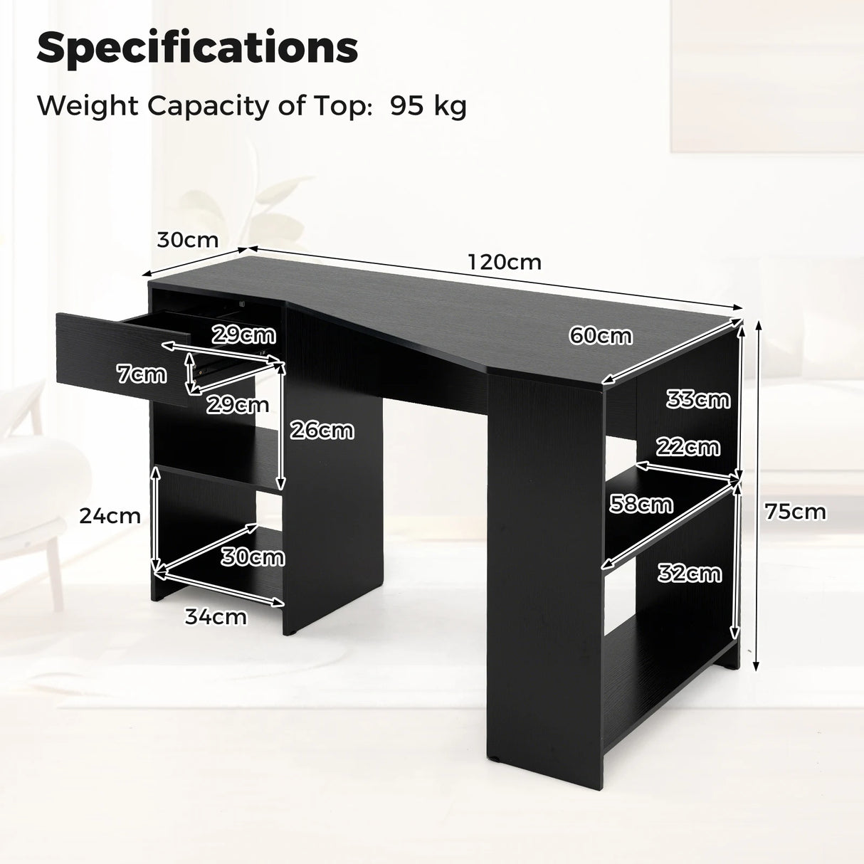 L-Shaped Computer Desk with Storage and Open Shelves for Living Room Bedroom-Black