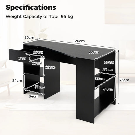 L-Shaped Computer Desk with Storage and Open Shelves for Living Room Bedroom-Black