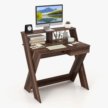 Small Computer Desk with Storage Drawer-Walnut