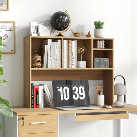 Computer Desktop Bookcase with 4 Cubbies and Open Back Compartment-Natural