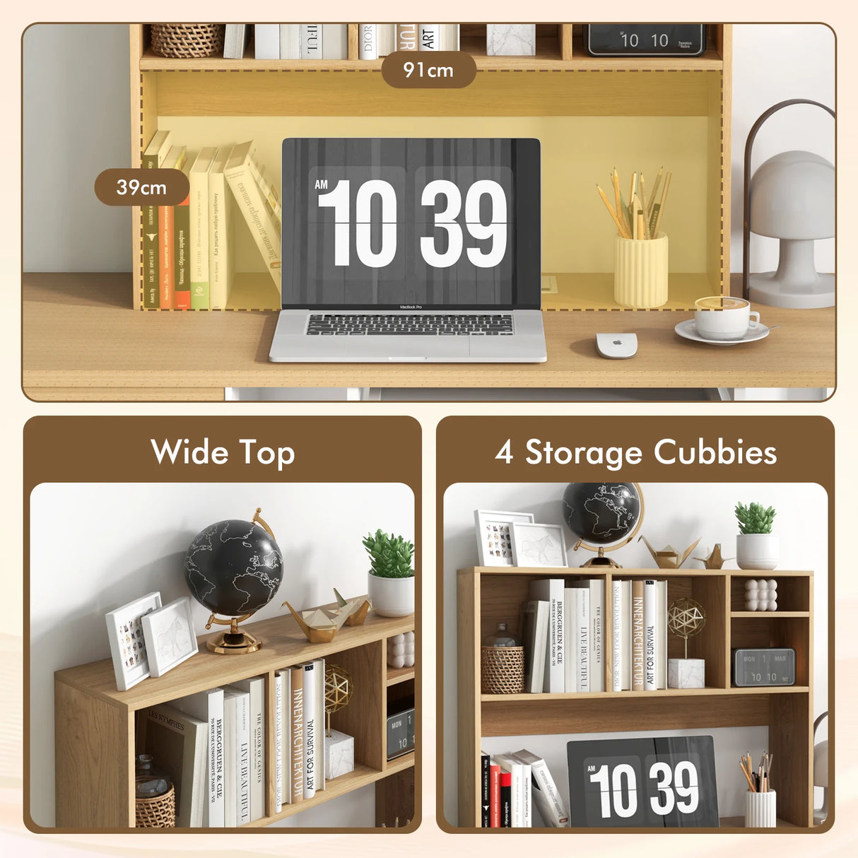 Computer Desktop Bookcase with 4 Cubbies and Open Back Compartment-Natural