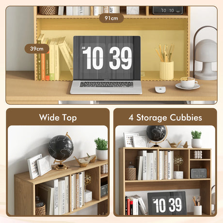 Computer Desktop Bookcase with 4 Cubbies and Open Back Compartment-Natural