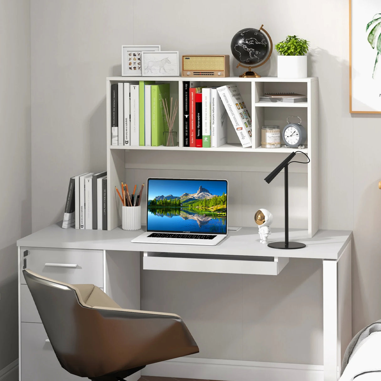 Computer Desktop Bookcase with 4 Cubbies and Open Back Compartment-White