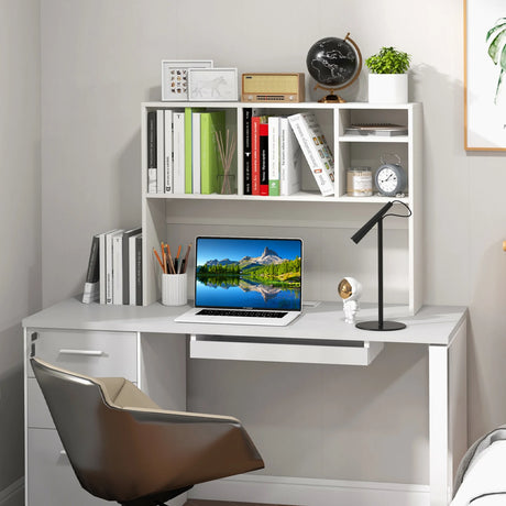 Computer Desktop Bookcase with 4 Cubbies and Open Back Compartment-White