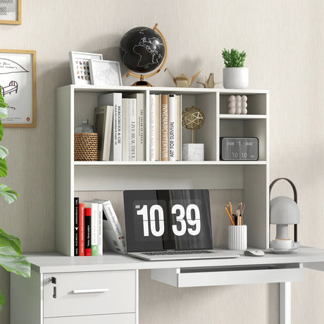 Computer Desktop Bookcase with 4 Cubbies and Open Back Compartment-White