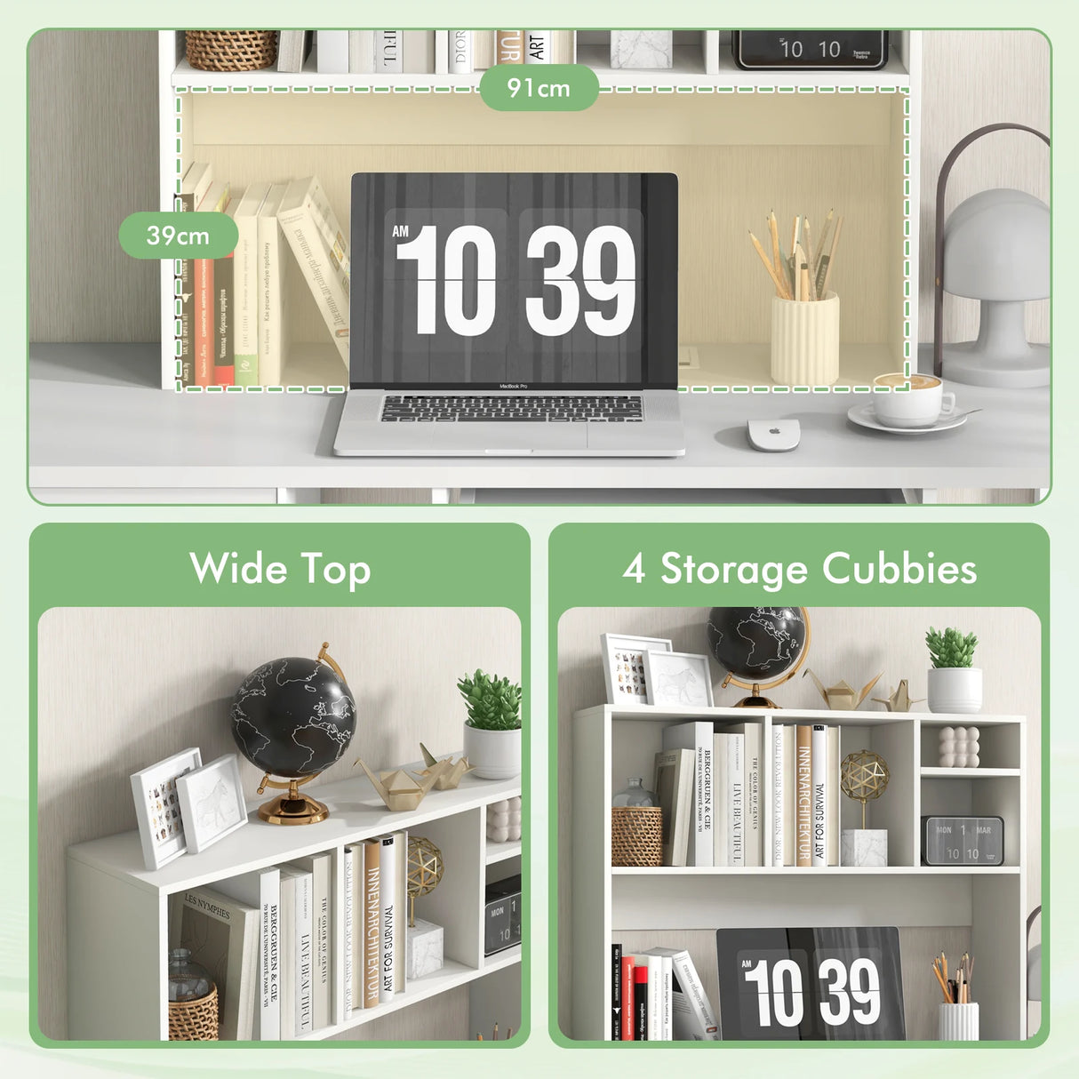 Computer Desktop Bookcase with 4 Cubbies and Open Back Compartment-White