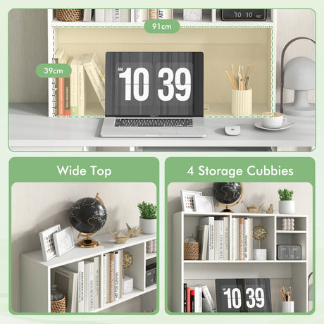 Computer Desktop Bookcase with 4 Cubbies and Open Back Compartment-White