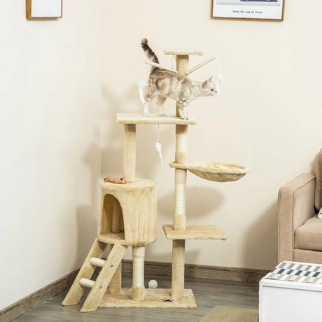 PawHut Multi-Level Cat Tree with Scratching Post, Ladder, Cat House, Beige
