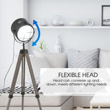 HOMCOM Industrial Style Adjustable Tripod Floor Lamp for Living Room Bedroom, Vintage Spotlight Reading Lamp with Wood Legs, 115-155cm, Grey