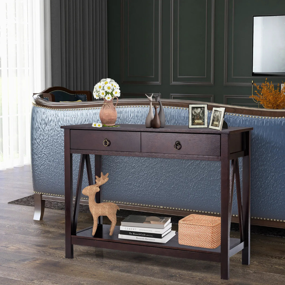 2-Tier Accent Table with Storage Shelf for Hallway Living room-Espresso