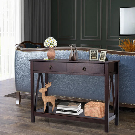 2-Tier Accent Table with Storage Shelf for Hallway Living room-Espresso