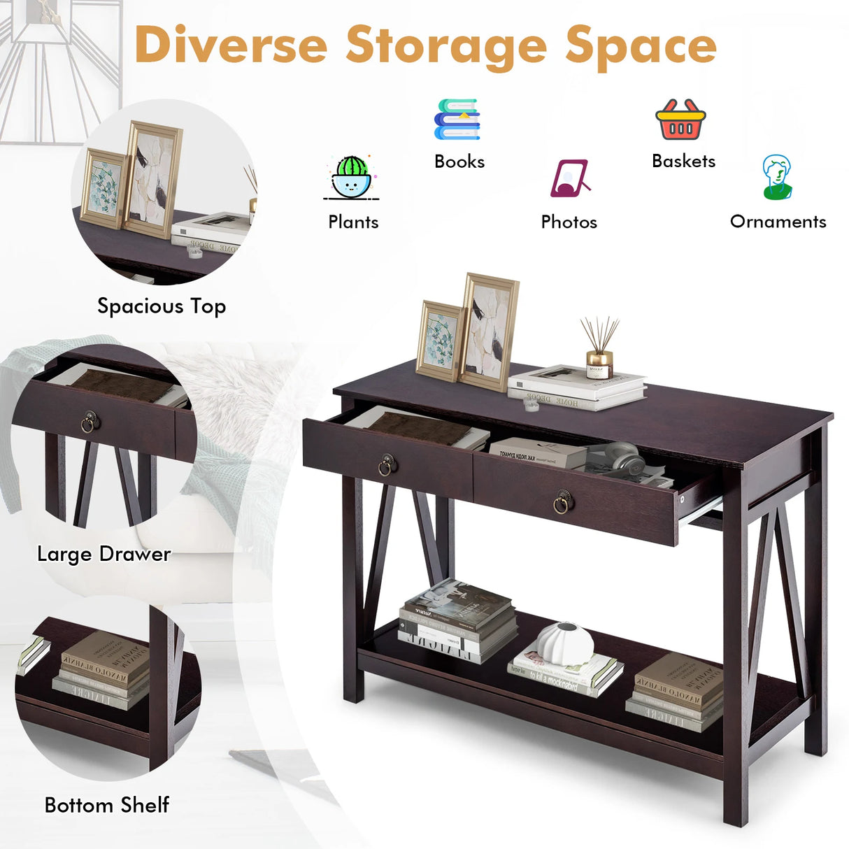 2-Tier Accent Table with Storage Shelf for Hallway Living room-Espresso