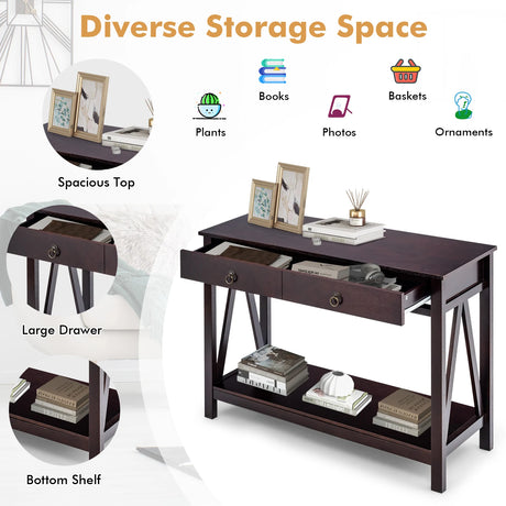 2-Tier Accent Table with Storage Shelf for Hallway Living room-Espresso