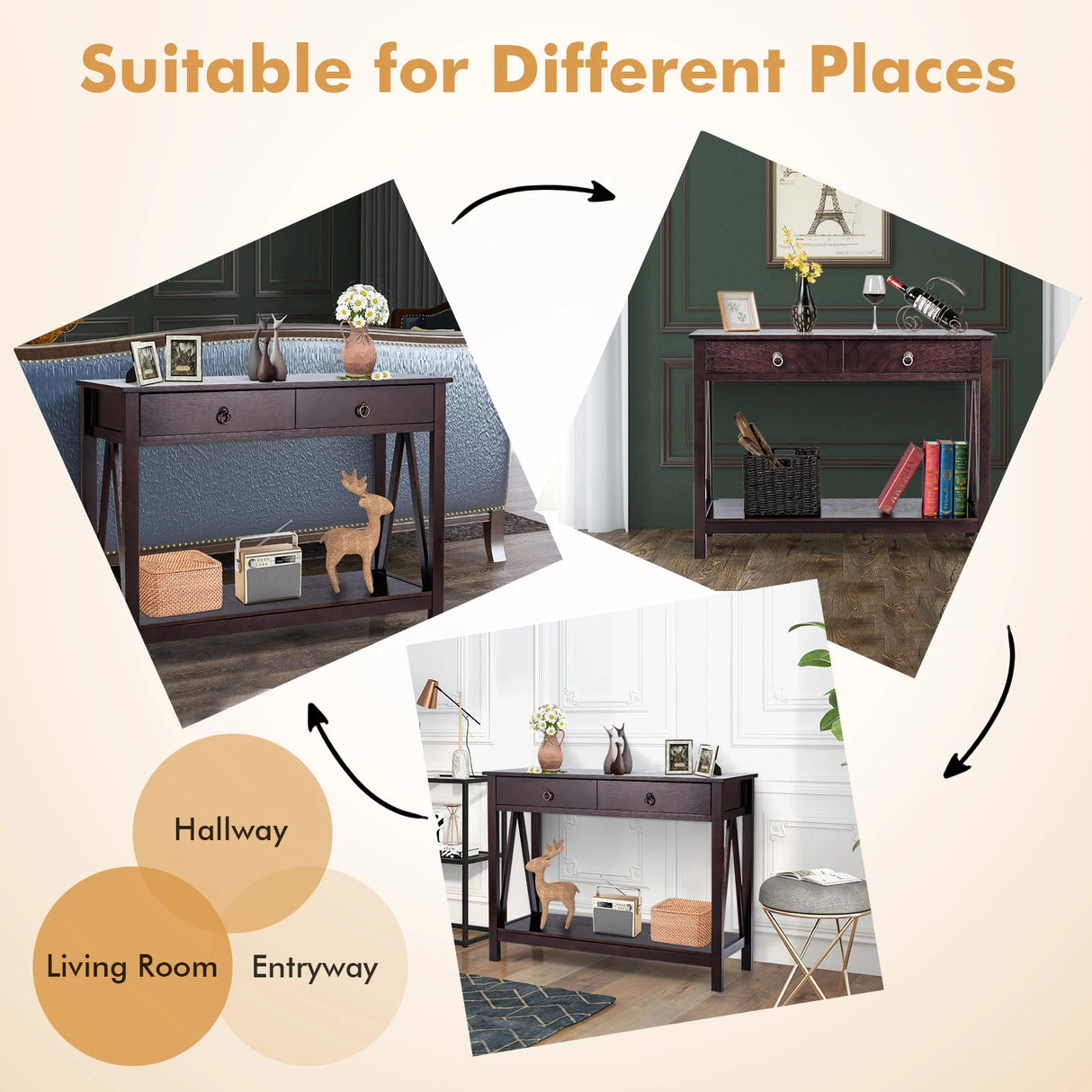 2-Tier Accent Table with Storage Shelf for Hallway Living room-Espresso