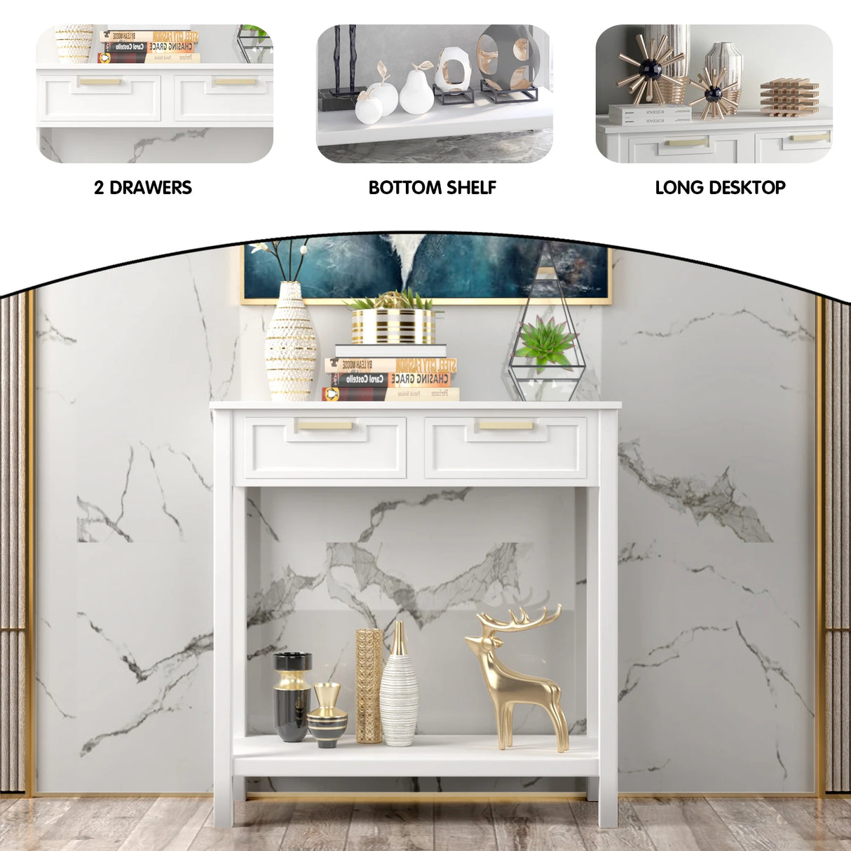 2 Drawers Accent Console Entryway Storage Shelf-White