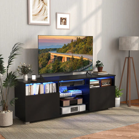 Console TV Stand for TVs up to 65 Inches with LED Lights and 2 Doors-Black
