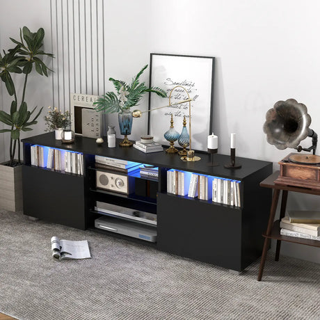 Console TV Stand for TVs up to 65 Inches with LED Lights and 2 Doors-Black