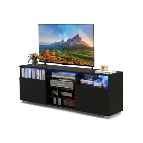 Console TV Stand for TVs up to 65 Inches with LED Lights and 2 Doors-Black