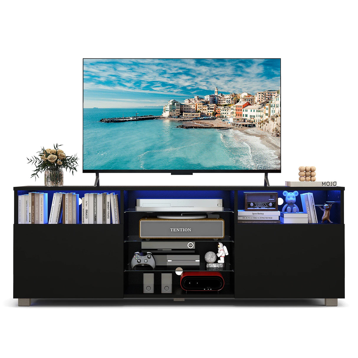 Console TV Stand for TVs up to 65 Inches with LED Lights and 2 Doors-Black
