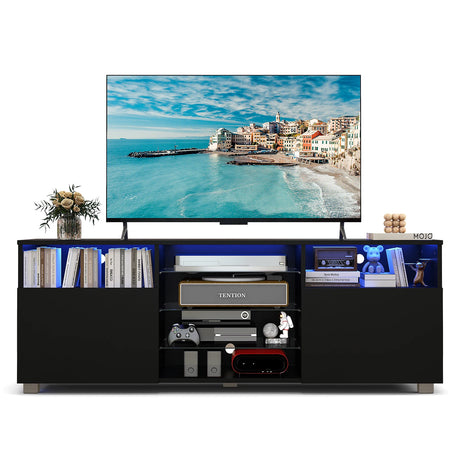 Console TV Stand for TVs up to 65 Inches with LED Lights and 2 Doors-Black