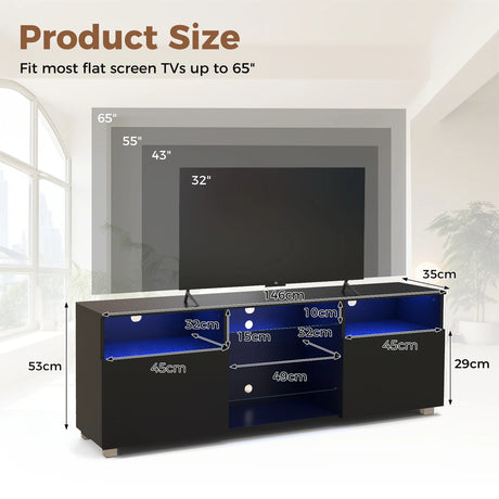 Console TV Stand for TVs up to 65 Inches with LED Lights and 2 Doors-Black