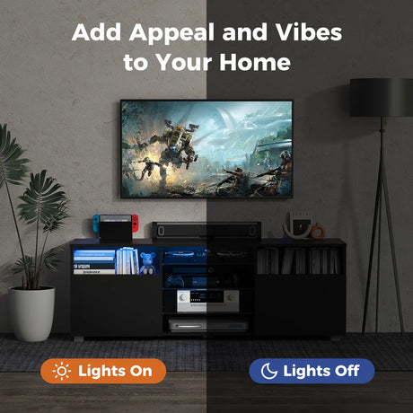 Console TV Stand for TVs up to 65 Inches with LED Lights and 2 Doors-Black