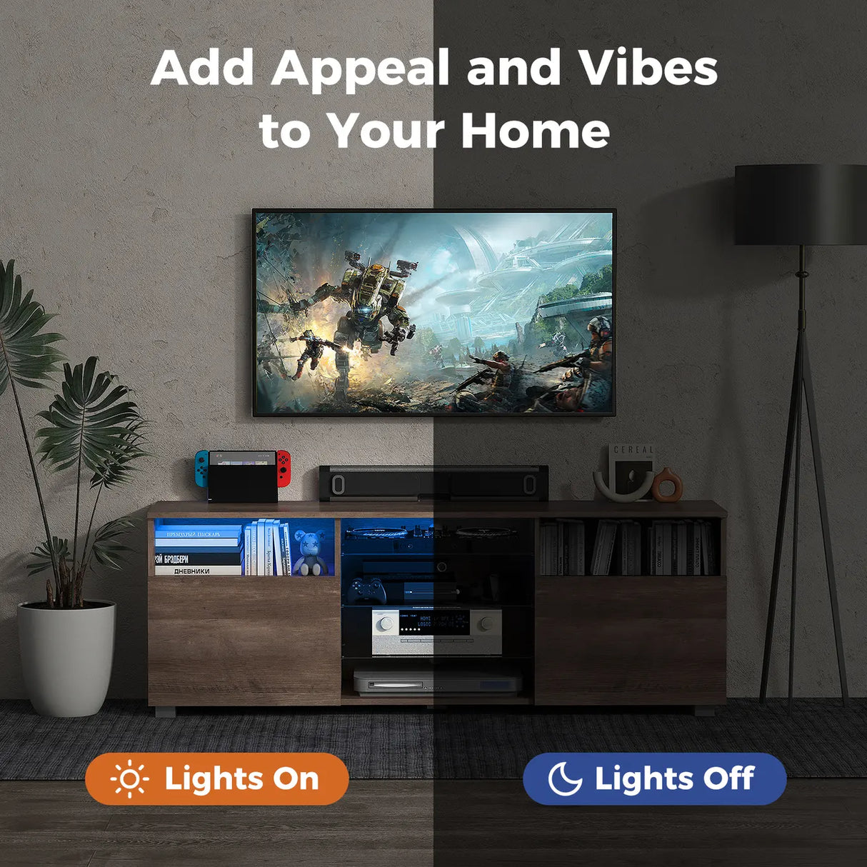 Console TV Stand for TVs up to 65 Inches with LED Lights and 2 Doors-Grey