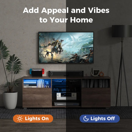 Console TV Stand for TVs up to 65 Inches with LED Lights and 2 Doors-Grey