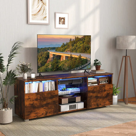 Console TV Stand for TVs up to 65 Inches with LED Lights and 2 Doors-Rustic Brown