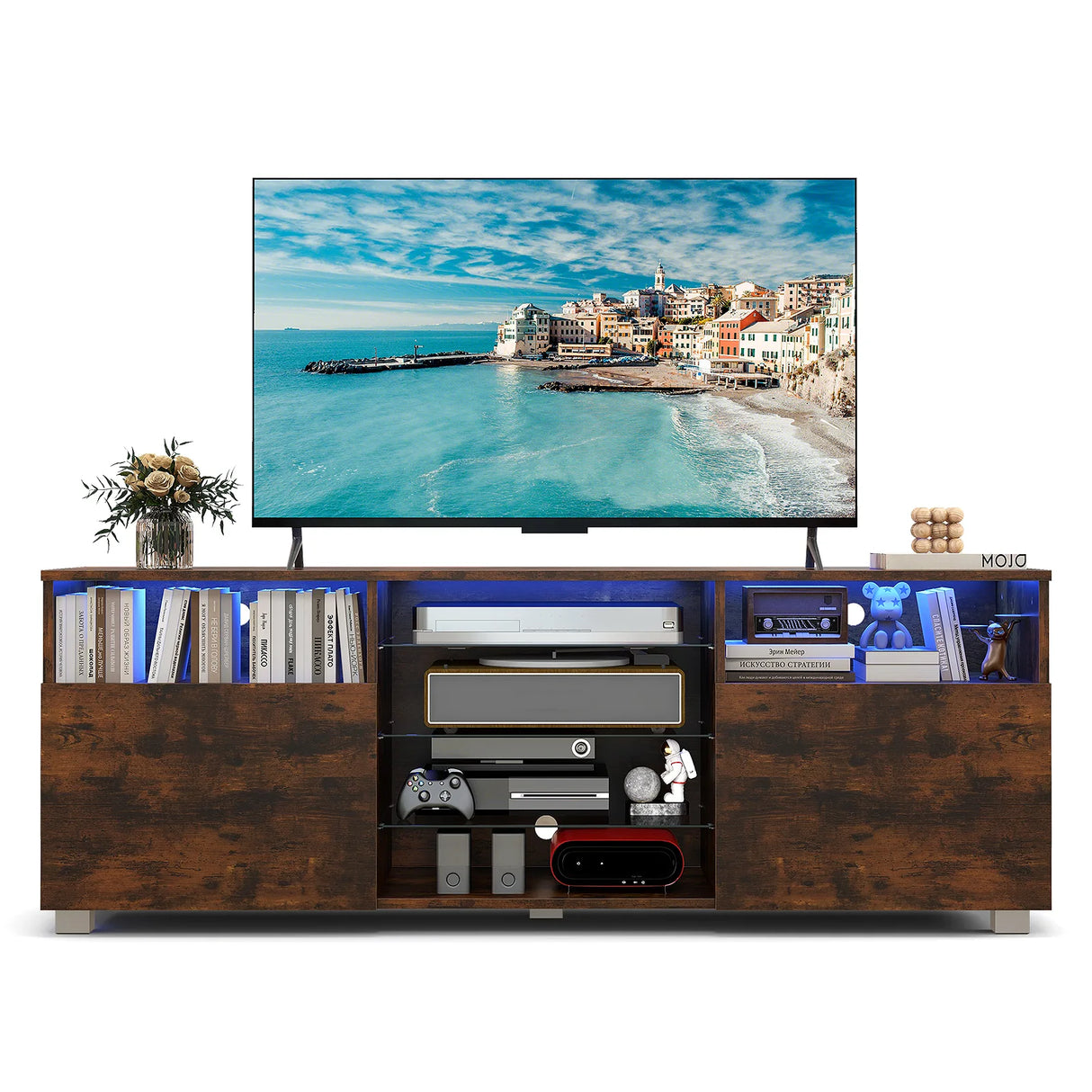 Console TV Stand for TVs up to 65 Inches with LED Lights and 2 Doors-Rustic Brown