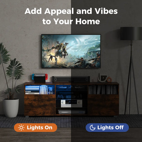 Console TV Stand for TVs up to 65 Inches with LED Lights and 2 Doors-Rustic Brown
