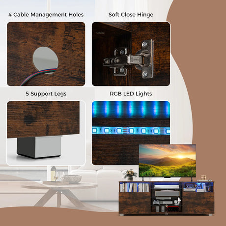Console TV Stand for TVs up to 65 Inches with LED Lights and 2 Doors-Rustic Brown