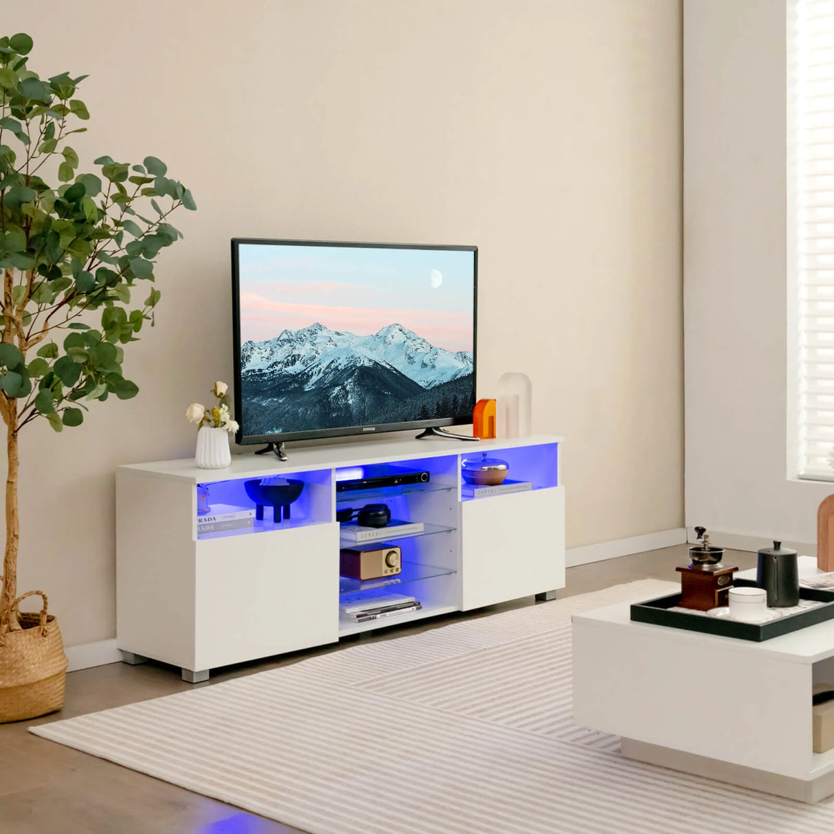 Console TV Stand for TVs up to 65" with LED Lights and 2 Doors-White