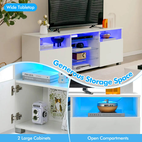 Console TV Stand for TVs up to 65" with LED Lights and 2 Doors-White
