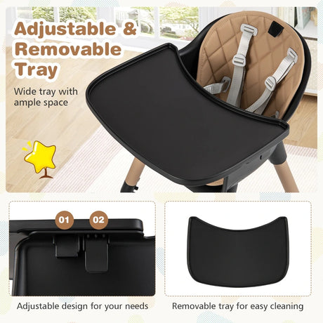 convertible Baby High Chair with 2-Position Removable Tray-Black