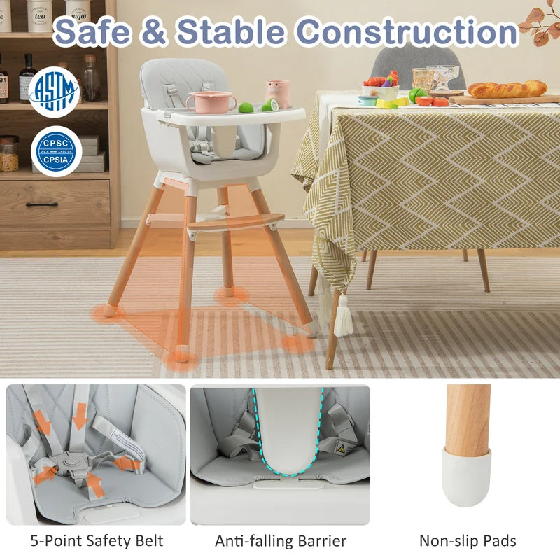 6-in-1 Convertible Baby High Chair with Adjustable Legs-Grey