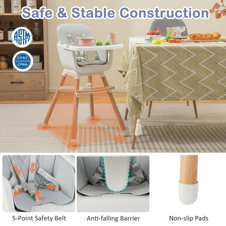 6-in-1 Convertible Baby High Chair with Adjustable Legs-Grey