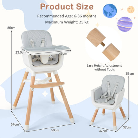 6-in-1 Convertible Baby High Chair with Adjustable Legs-Grey