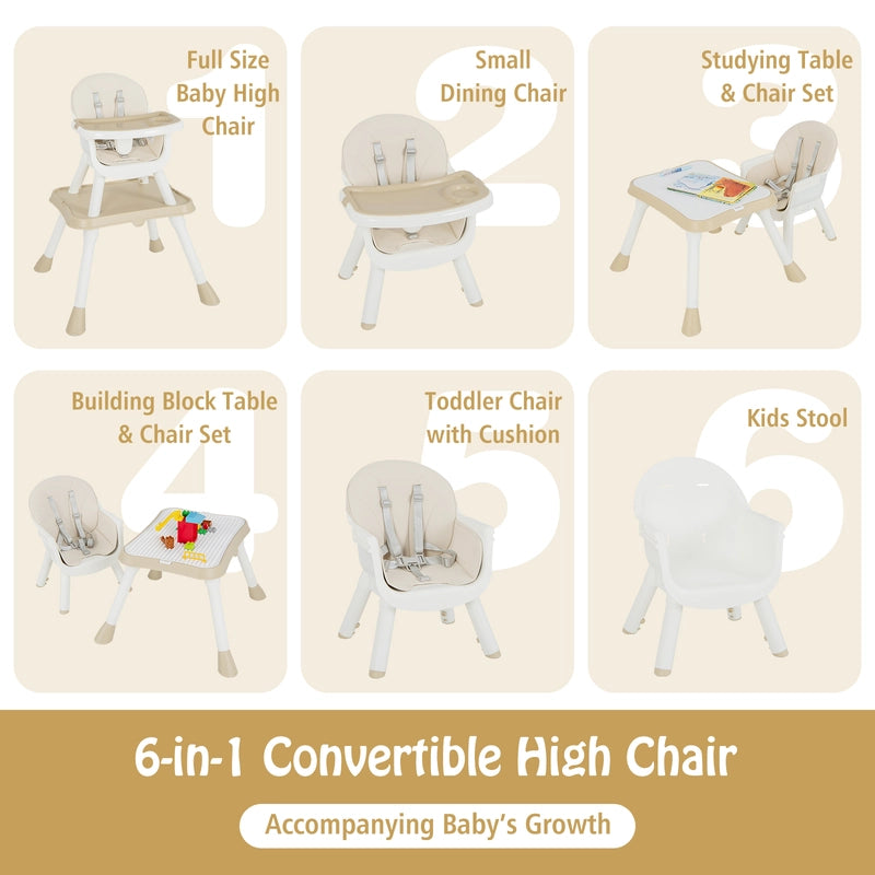 6-in-1 Baby High Chair with Convertible Table and Removable Tray-Beige