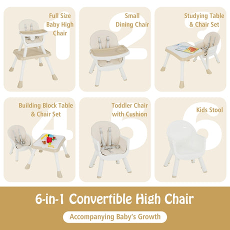 6-in-1 Baby High Chair with Convertible Table and Removable Tray-Beige