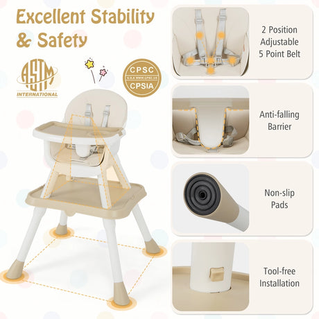 6-in-1 Baby High Chair with Convertible Table and Removable Tray-Beige