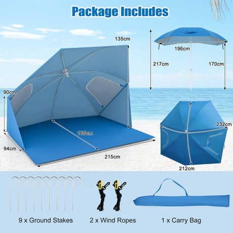 2-In-1 Convertible Beach Tent with Roll-Up Windows for 2-4 People-Blue