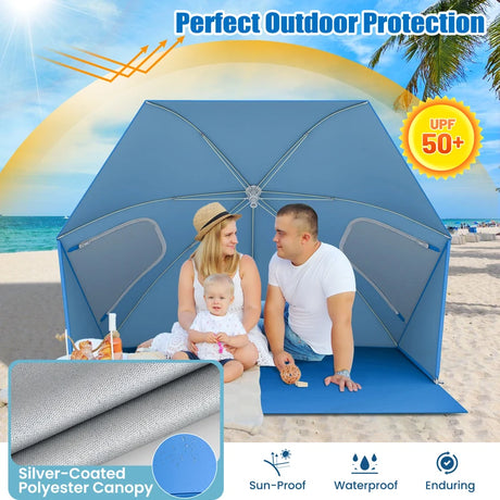 2-In-1 Convertible Beach Tent with Roll-Up Windows for 2-4 People-Blue