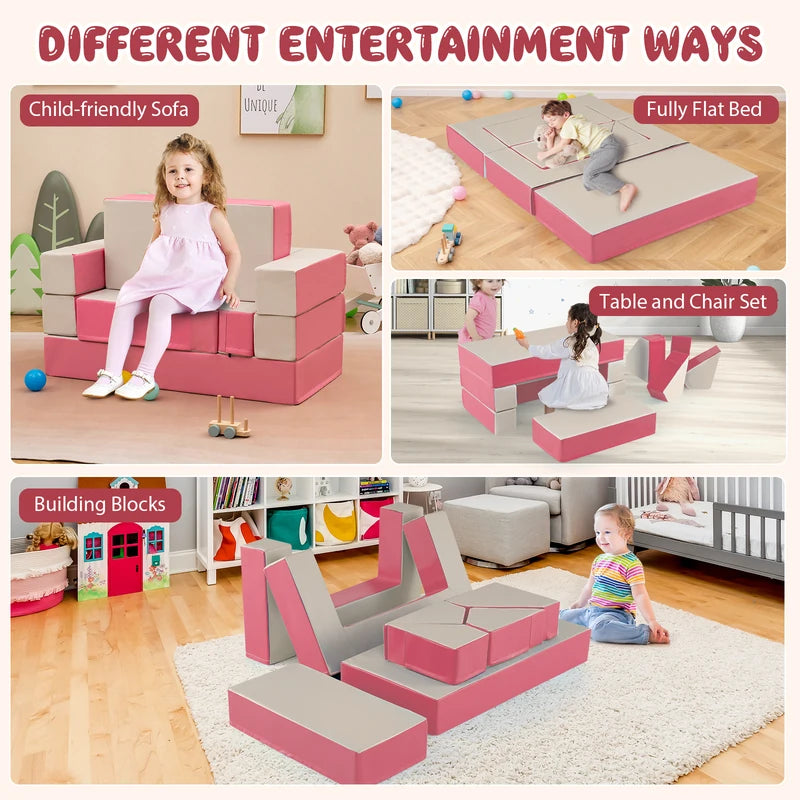 4-in-1 Convertible Foam Couch Play Set with Skin-friendly PU Leather Cover and Zippers-Pink
