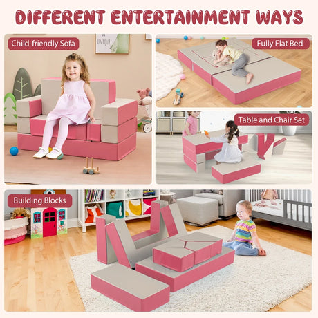 4-in-1 Convertible Foam Couch Play Set with Skin-friendly PU Leather Cover and Zippers-Pink