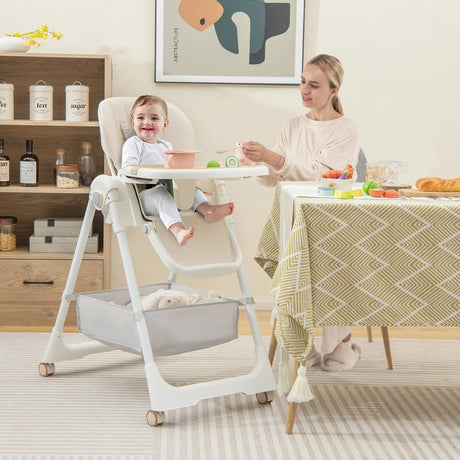 Folding Convertible Baby High Chair with Reclining Backrest-Beige